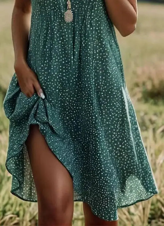 Women's Chic Green Polka Dot Printed Mini Dress Classic Round Neck Short Sleeve Loose Spring Summer Casual Dress