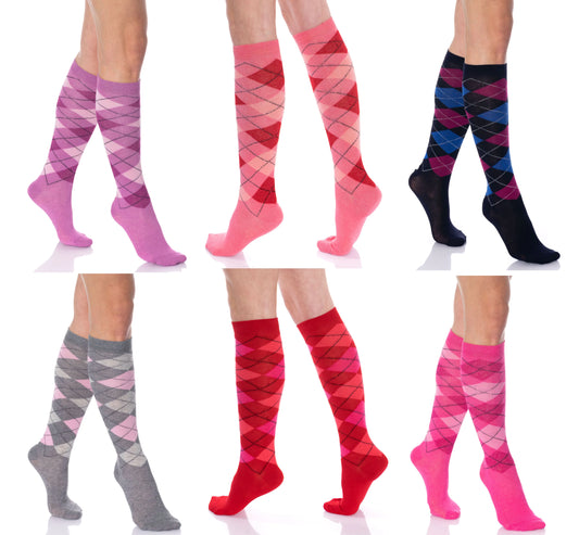 Argyle Knee High Socks for Women 6 Pairs Colorful Over the Calf Knee Socks