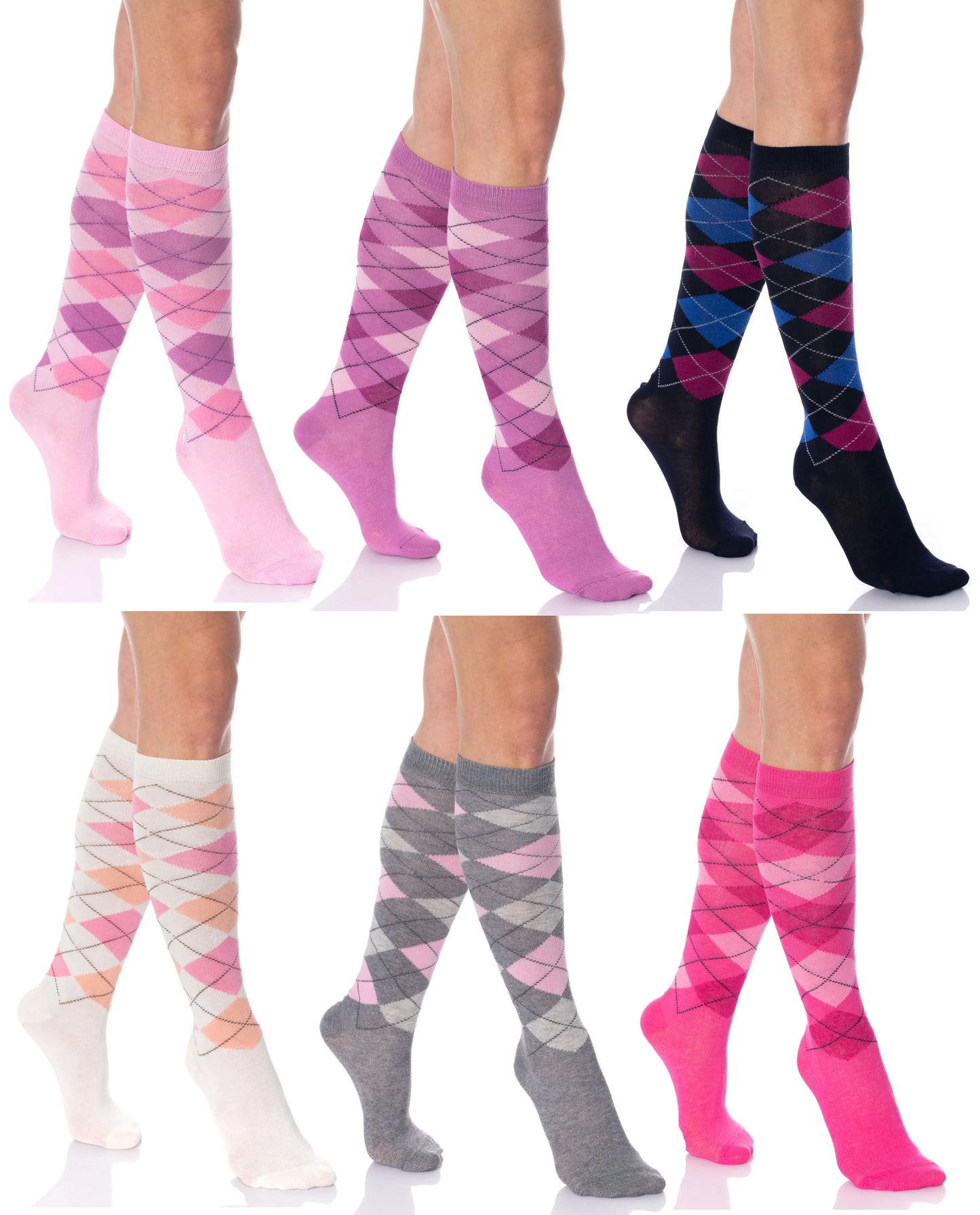 Argyle Knee High Socks for Women 6 Pairs Colorful Over the Calf Knee Socks