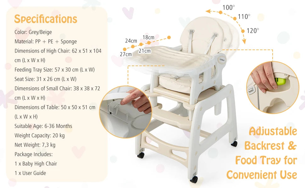 5 in 1 Baby High Chair, Convertible Toddler Table Chair Set, Rocking Chair, Multi-Function Seat with Lockable Universal Wheels