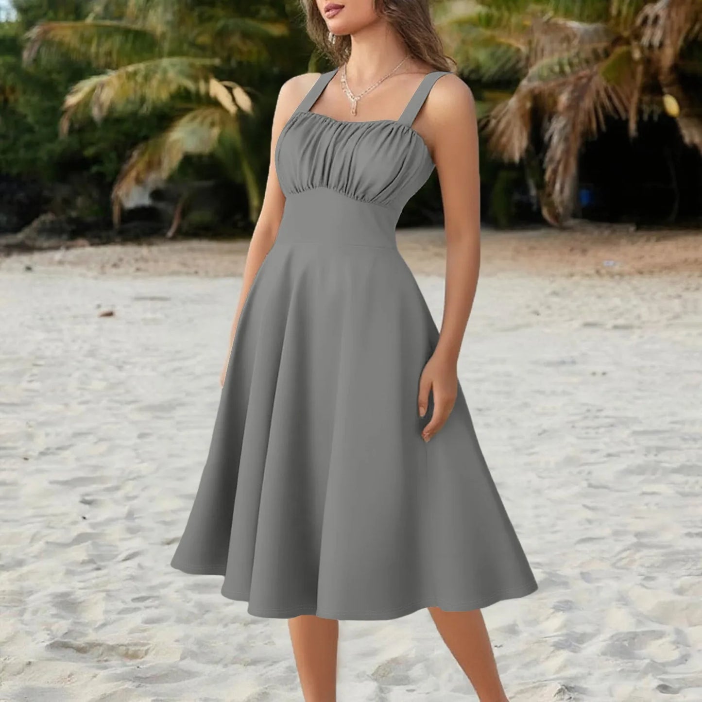 New Women'S Vintage Sleeveless Pleated Patchwork Cute A-Line Hem Solid Dresses Vestidos Mujer Veranoa 2025 Women Clothing