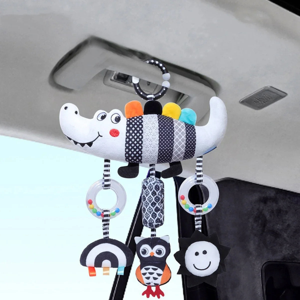 New Baby Carseat Toy Black & White Rattle Hanging Activity Stroller Toy for Newborns Boys and Girls Gifts Crocodile Caterpillar