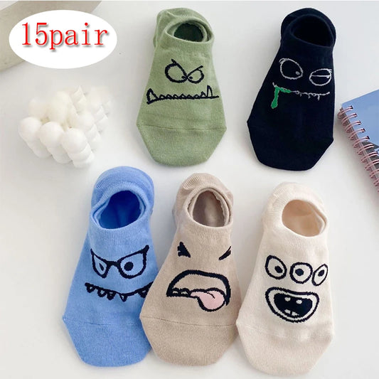 15 Pairs of Men WOMEN'S Cotton Socks, Casual Breathable Short Socks, and Girls' Cartoon Bear Low Cut Ankle Boat Socks