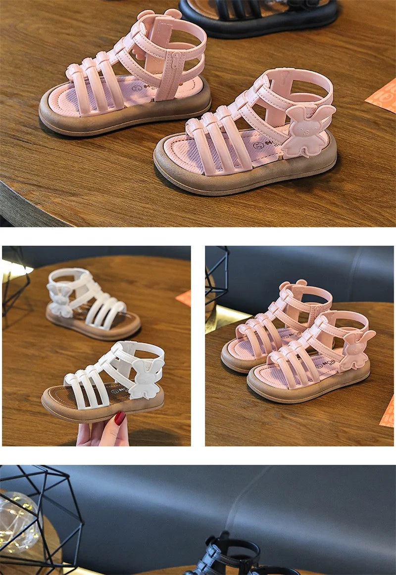 2025 New Children Sandals Girls Kids Roman Sandal Summer Soft Flat Heels High-top Beach Princess Fashion Cartoon Shoes Side Zip