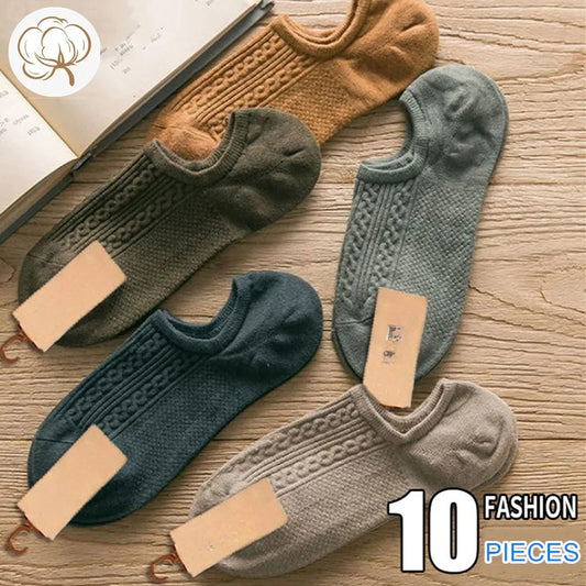 10 Pieces=5 Pairs Twists Cotton Tube Socks for Men Short Boat Socks Invisible Summer Thin Versatile Anti Odor Calcetines