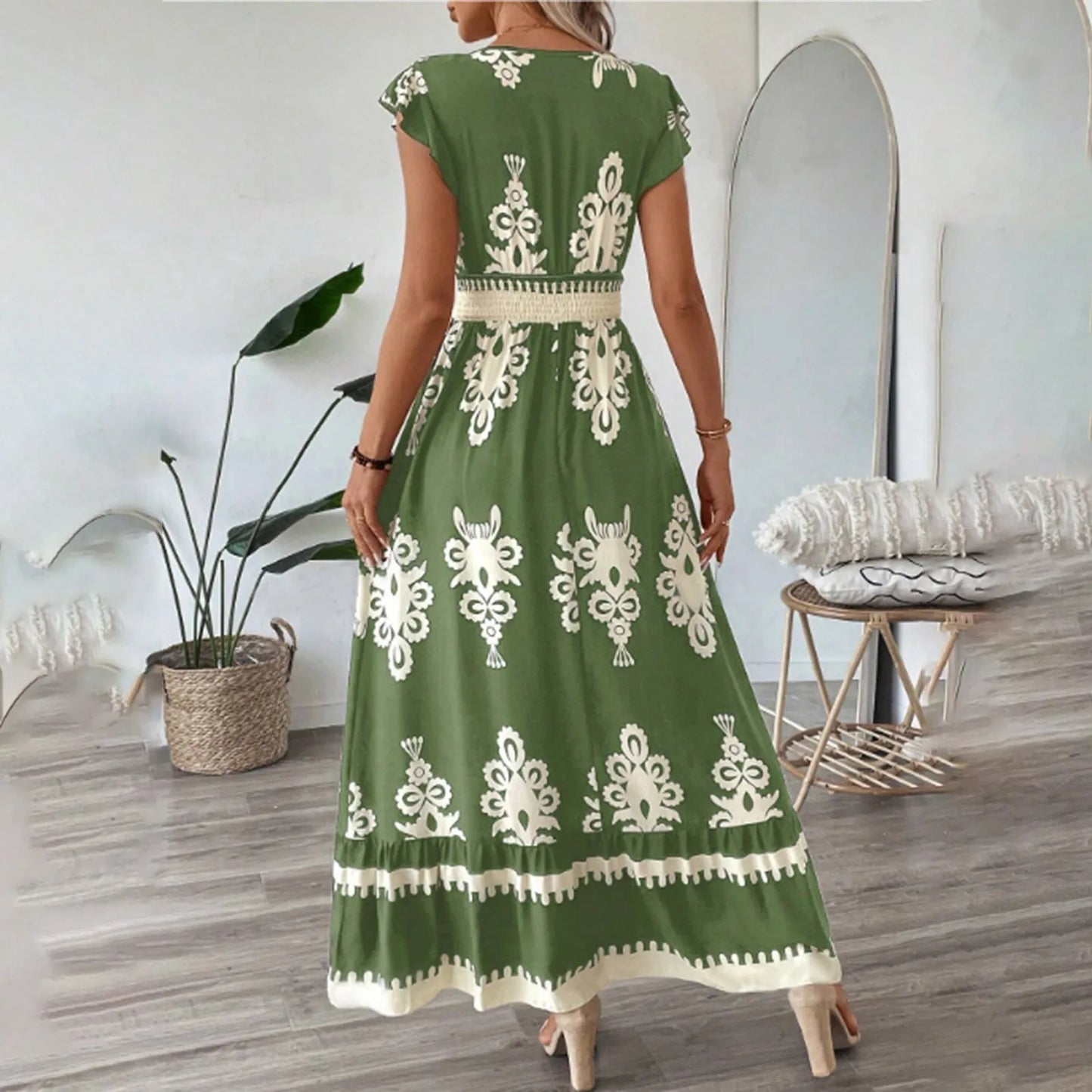 Fashion Sleeveless Maxi Boho Dress Women 2025 Summer Print Waist Bohemian Elegant Short Sleeve Dresses For Women Robe Femme