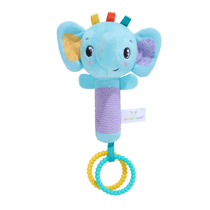 Baby Rattles Toys Soft Hand Crank Cartoon Animal with BB Call Voice Plush Toys Squeaky Sensory Travel Accessories for Toddler