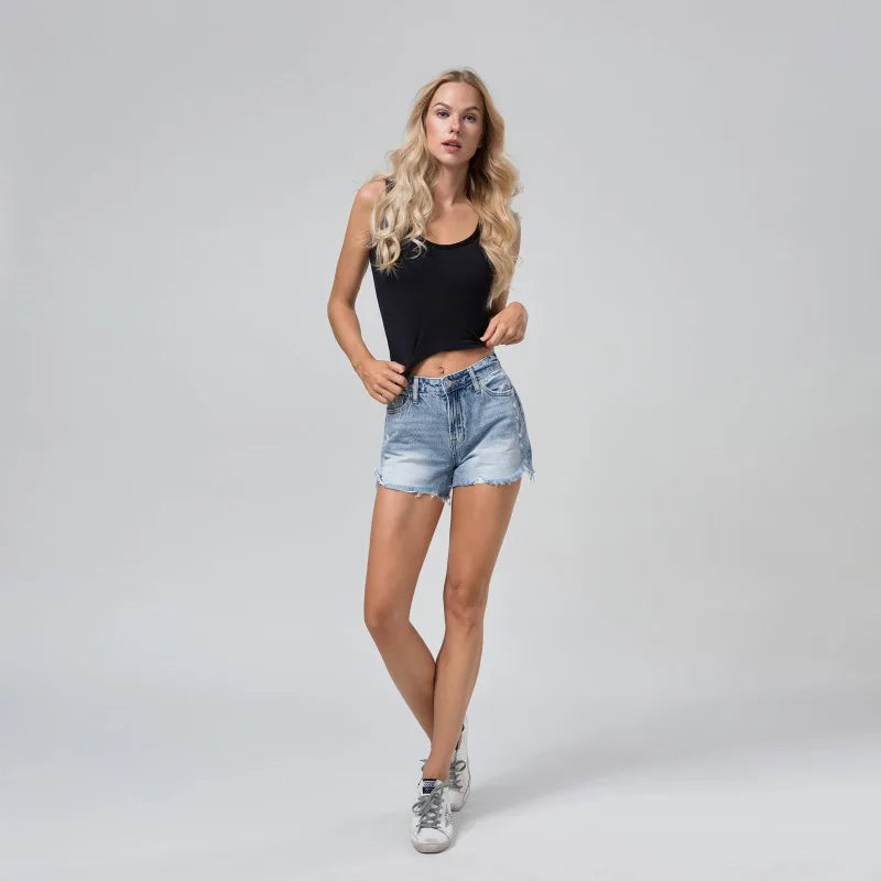 Summer Womens Jeans Shorts Jeans Short Length Mid Waisted Broken Denim Shorts Ripped Jeans High Waisted Hotpant Shorts