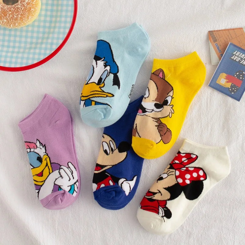 5pairs/set Disney Mickey Mouse Short Woman Socks Anime Donald Sweat Summer Cotton Girl Women's Boat Socks Ankle Low Female Sock