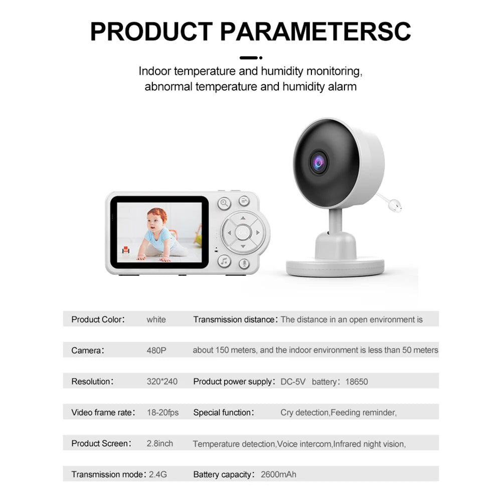Video Baby Monitor 2.8in LCD Display Monitor Camera Video Intercom Lullabies Night Vision Temperature Monitor for Baby Pet Eldly