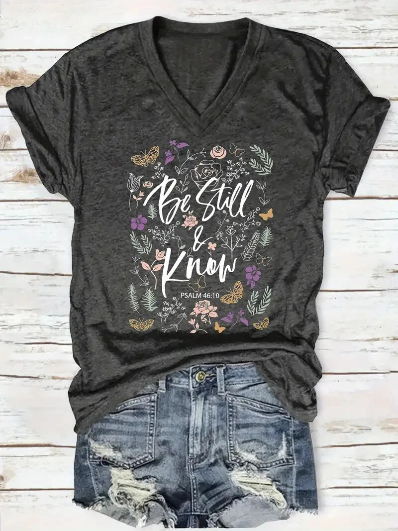 Summer Outdoor Women's T-Shirt Casual V-Neck Short Sleeve Tops Floral Butterfly Print Street Fashion Female Oversize Clothing
