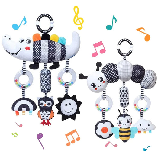 New Baby Carseat Toy Black & White Rattle Hanging Activity Stroller Toy for Newborns Boys and Girls Gifts Crocodile Caterpillar