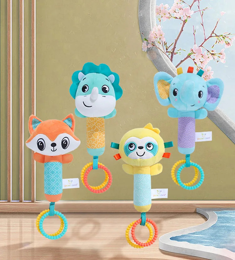 Baby Rattles Toys Soft Hand Crank Cartoon Animal with BB Call Voice Plush Toys Squeaky Sensory Travel Accessories for Toddler