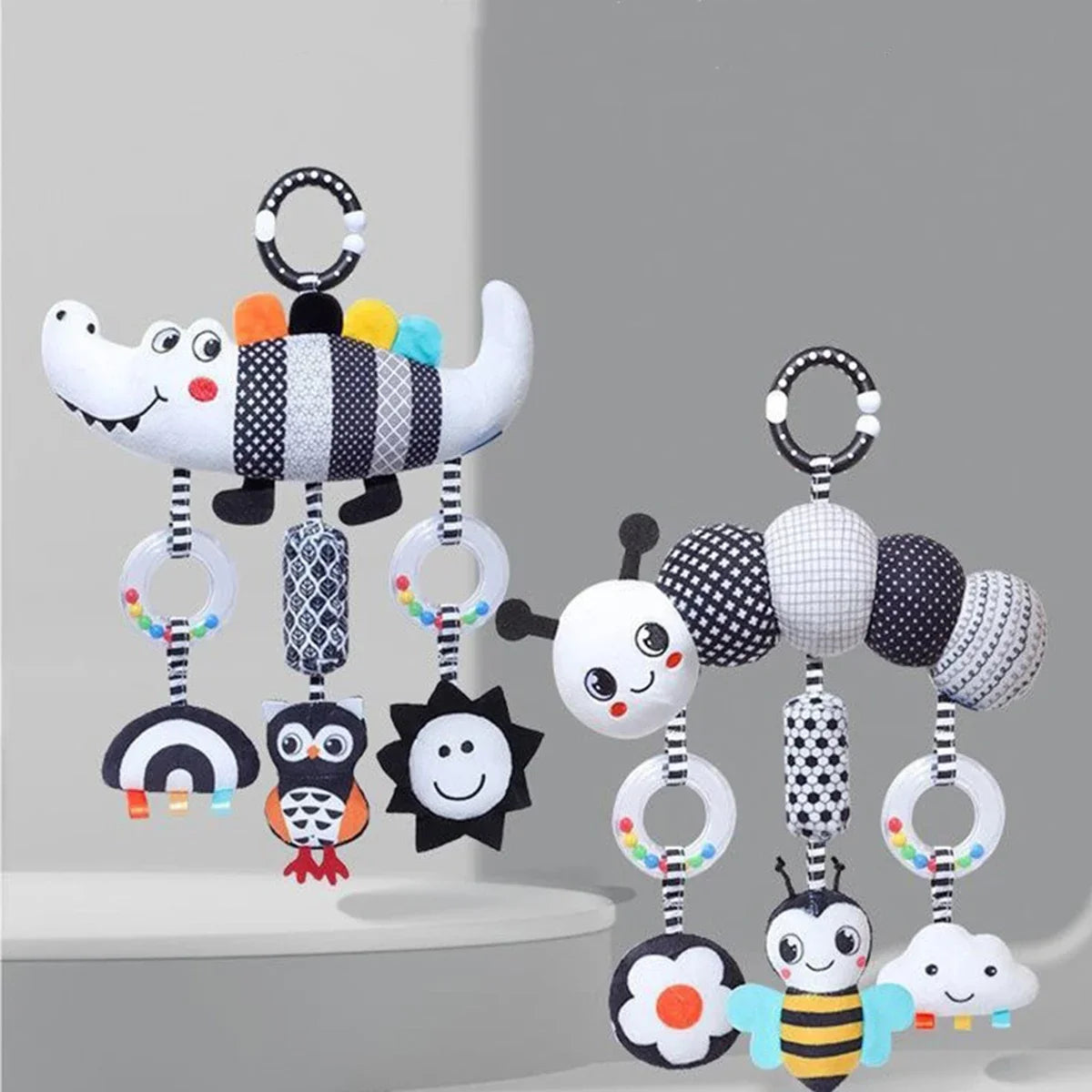 New Baby Carseat Toy Black & White Rattle Hanging Activity Stroller Toy for Newborns Boys and Girls Gifts Crocodile Caterpillar