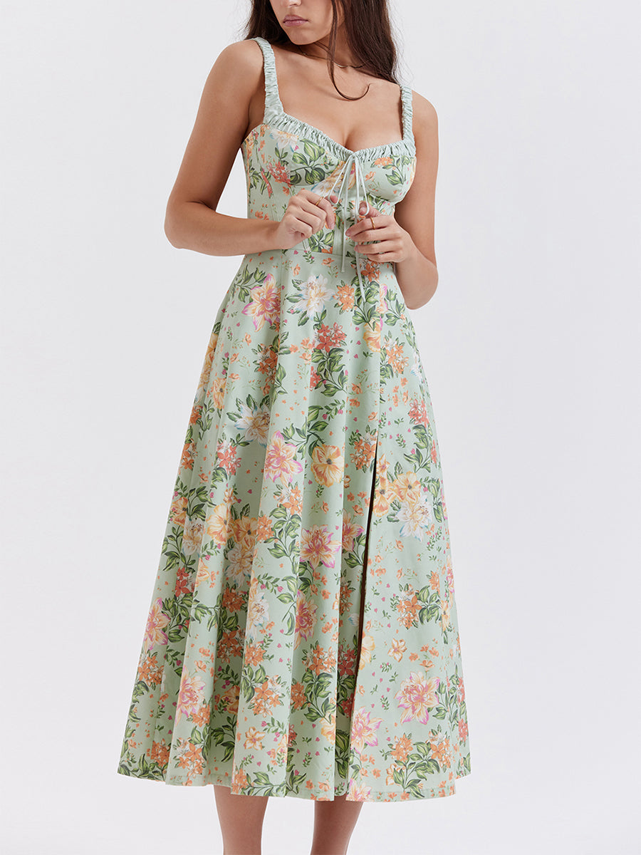 Women Summer Casual Midi Dress Floral Print Low-Cut Sleeveless Sling Sweet Dress Fashion Backless Temperament Dress