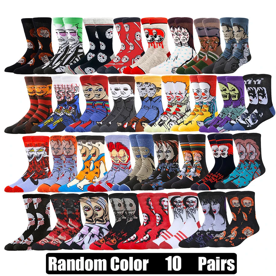 10/20Pairs random color Cartoon Anime Socks for Men Women Chucky Hip Hop Street Fashion Novelty Funny Casual Crew Socks