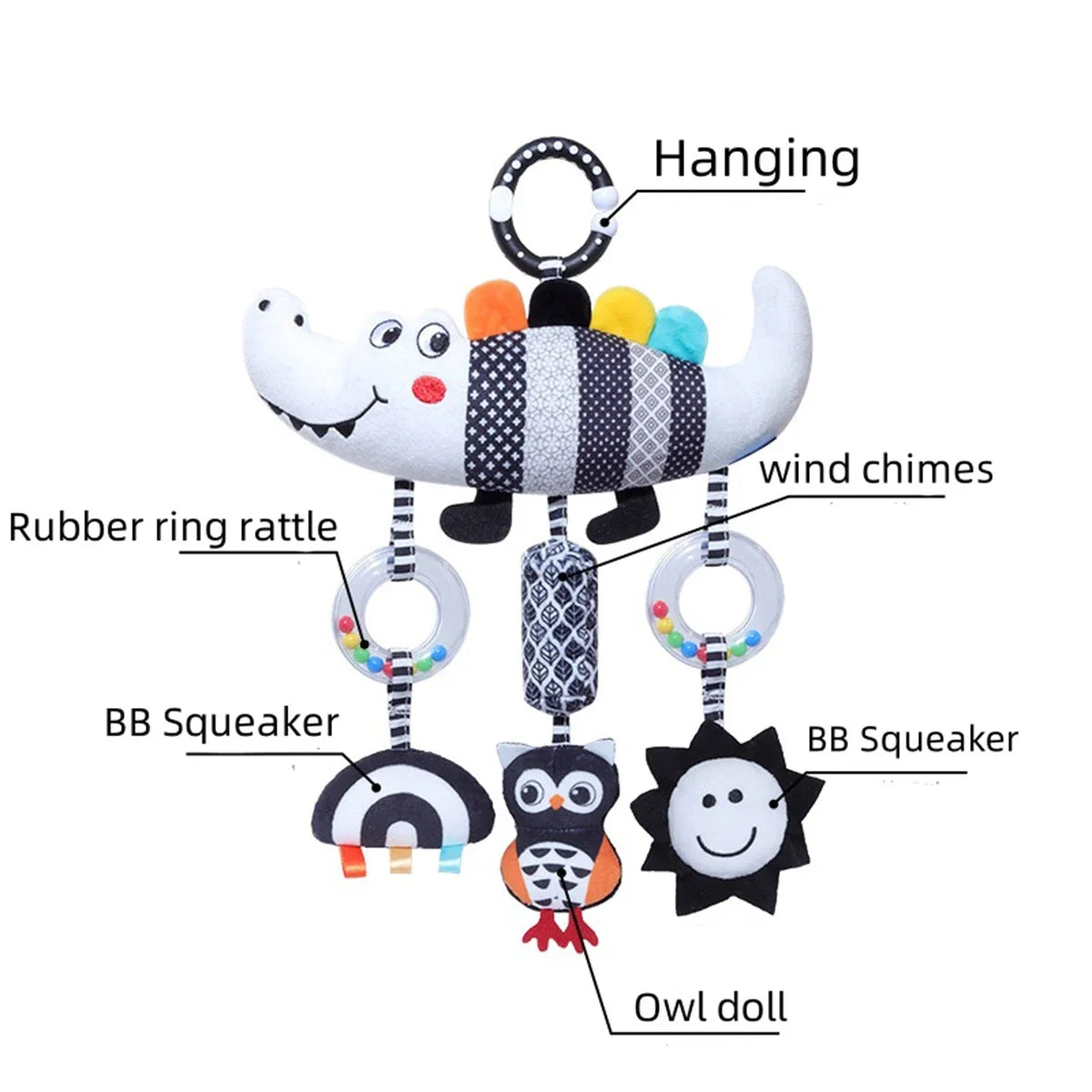 New Baby Carseat Toy Black & White Rattle Hanging Activity Stroller Toy for Newborns Boys and Girls Gifts Crocodile Caterpillar