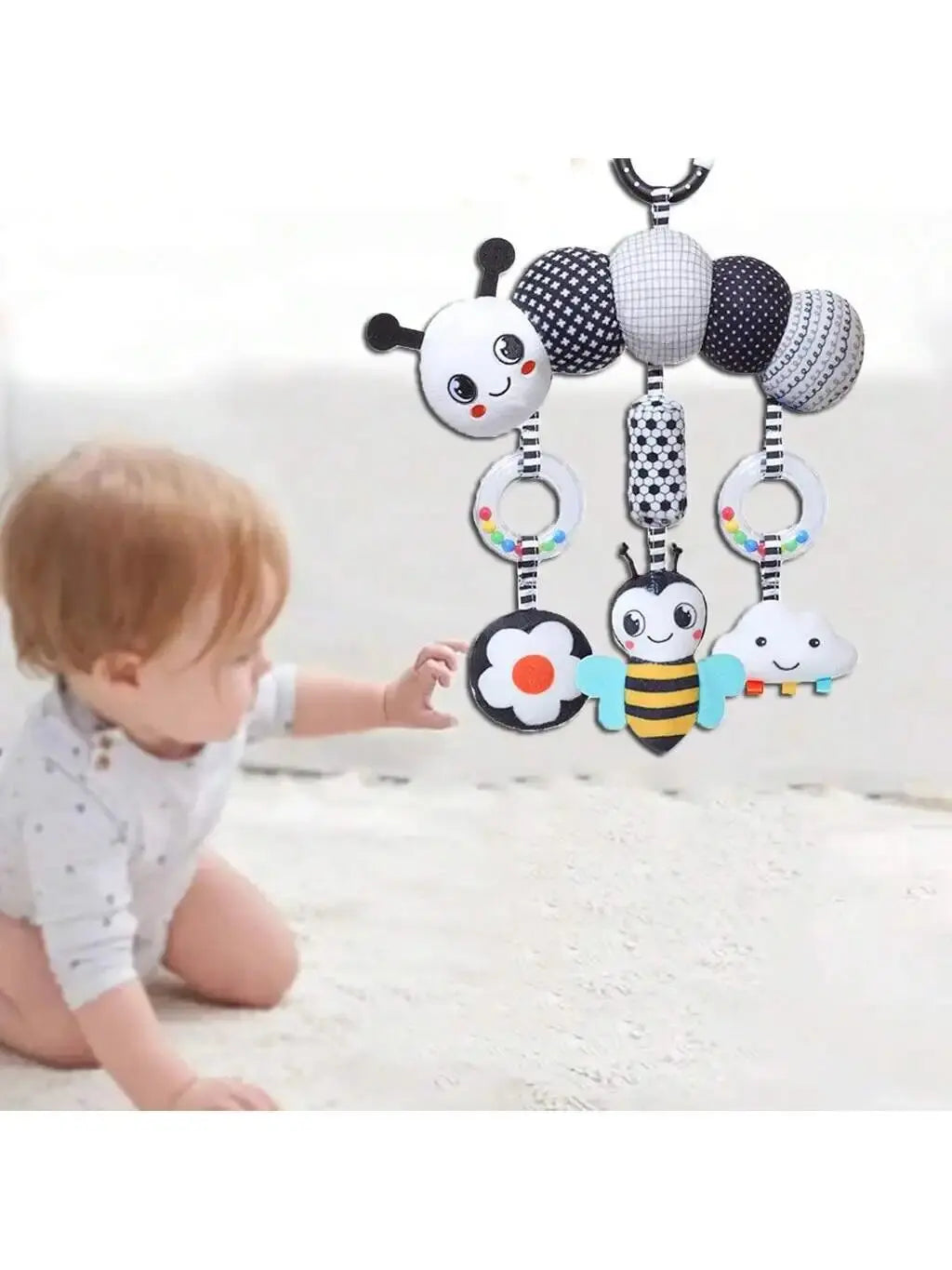 New Baby Carseat Toy Black & White Rattle Hanging Activity Stroller Toy for Newborns Boys and Girls Gifts Crocodile Caterpillar