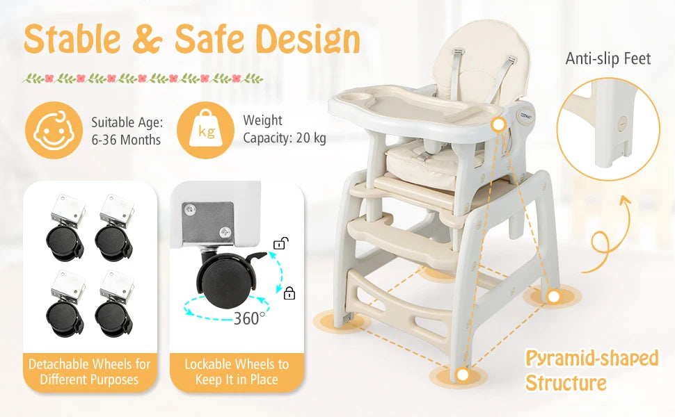 5 in 1 Baby High Chair, Convertible Toddler Table Chair Set, Rocking Chair, Multi-Function Seat with Lockable Universal Wheels