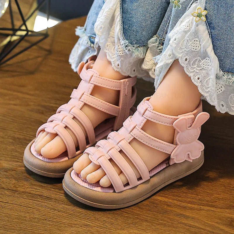 2025 New Children Sandals Girls Kids Roman Sandal Summer Soft Flat Heels High-top Beach Princess Fashion Cartoon Shoes Side Zip