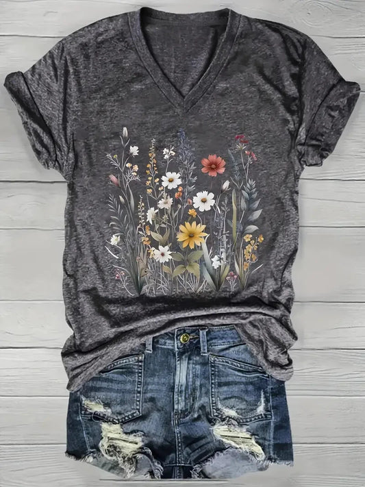 Summer Outdoor Women's T-Shirt Casual V-Neck Short Sleeve Tops Floral Butterfly Print Street Fashion Female Oversize Clothing
