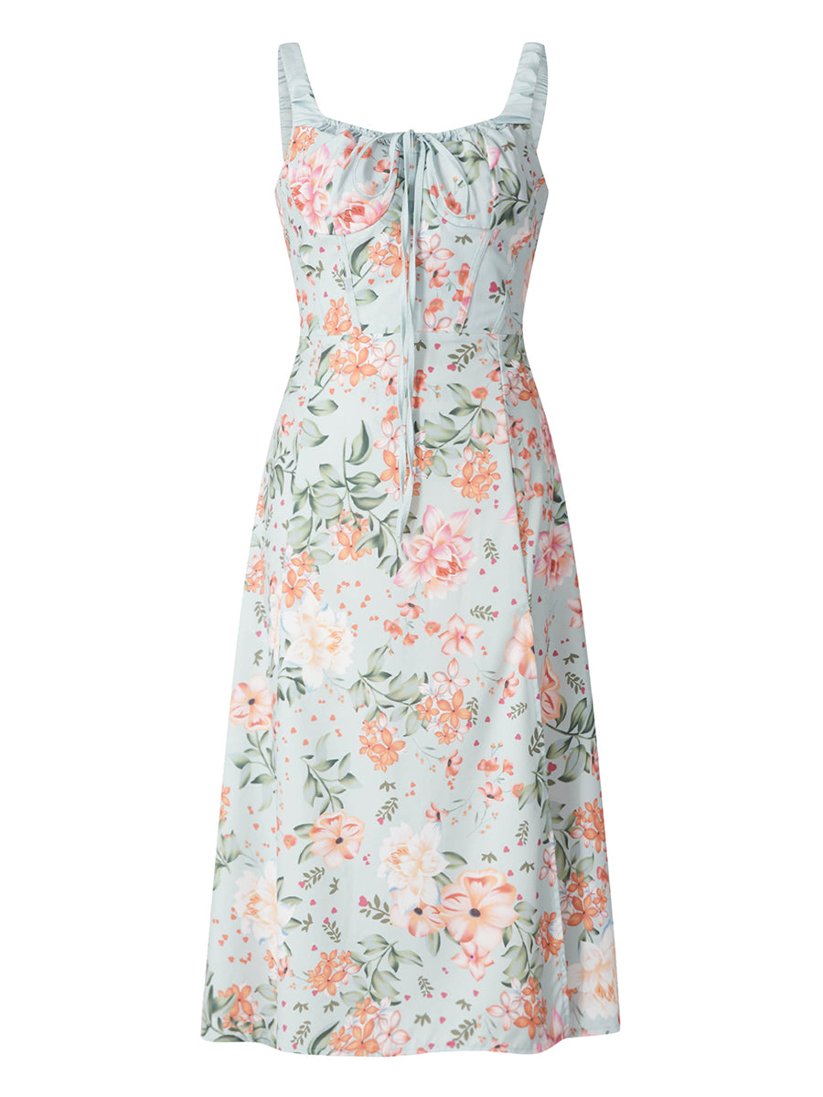 Women Summer Casual Midi Dress Floral Print Low-Cut Sleeveless Sling Sweet Dress Fashion Backless Temperament Dress