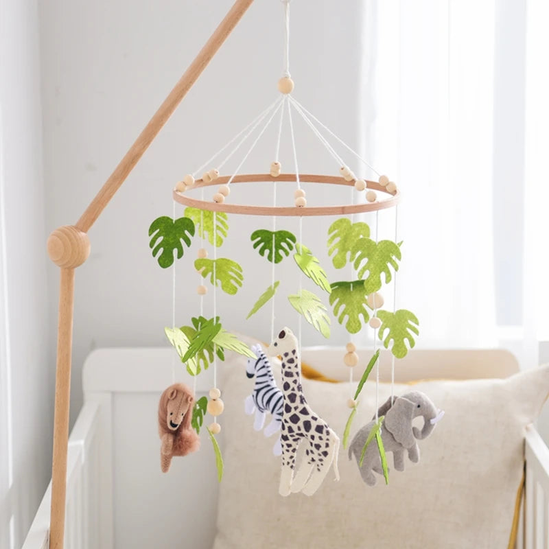 Baby Rattle Wooden Crib Mobile Bed Bell Toys Soft Felt Forest Animal Doll Toy Kid Stroller Comfort Crib Hanging Bracket Toy Gift