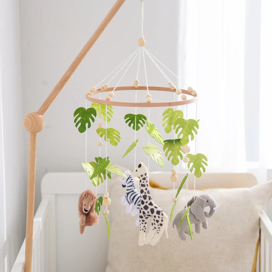 Baby Rattle Wooden Crib Mobile Bed Bell Toys Soft Felt Forest Animal Doll Toy Kid Stroller Comfort Crib Hanging Bracket Toy Gift