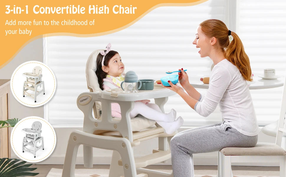 5 in 1 Baby High Chair, Convertible Toddler Table Chair Set, Rocking Chair, Multi-Function Seat with Lockable Universal Wheels