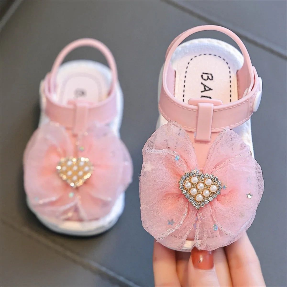 Toddler Girl Sparkle Glitter Bowknot Sandals with Rhinestone Pearl Heart Detail Soft Sole Non-Slip Closed Toe Walking Shoes