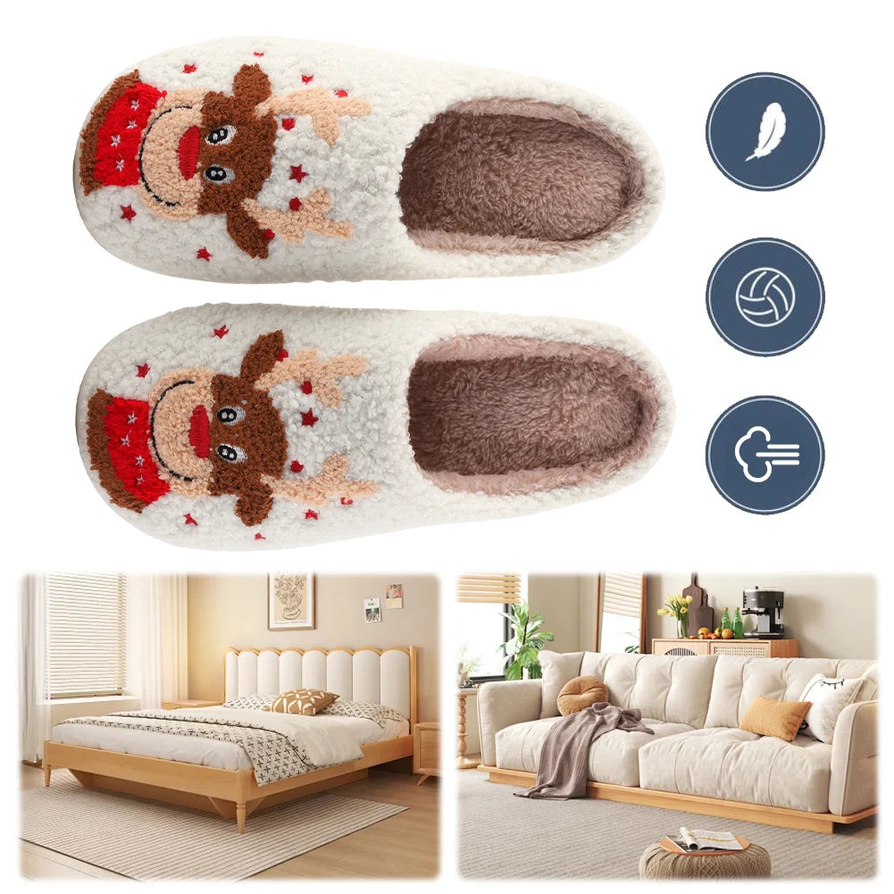 Christmas Elk Plush Slippers Comfortable Flat Thermal Slippers Anti Slip Fluffy Home Slippers Soft Couple Slippers for Men Women