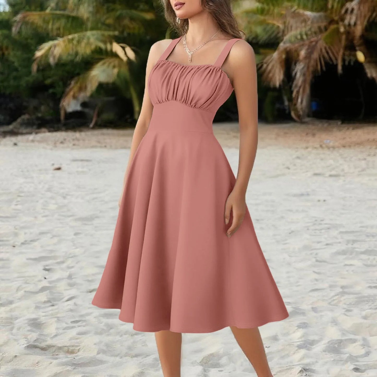 New Women'S Vintage Sleeveless Pleated Patchwork Cute A-Line Hem Solid Dresses Vestidos Mujer Veranoa 2025 Women Clothing