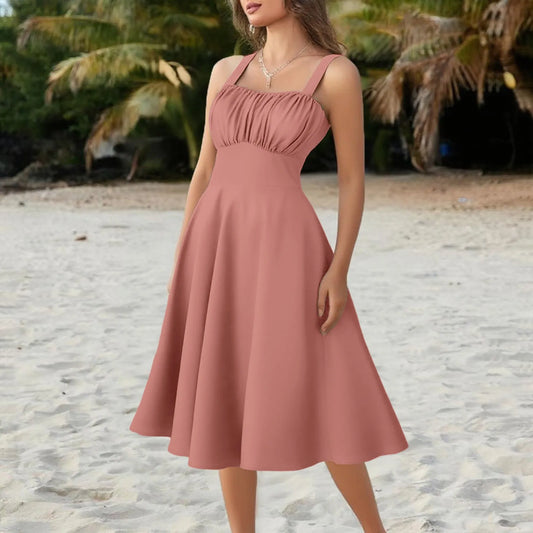 New Women'S Vintage Sleeveless Pleated Patchwork Cute A-Line Hem Solid Dresses Vestidos Mujer Veranoa 2025 Women Clothing