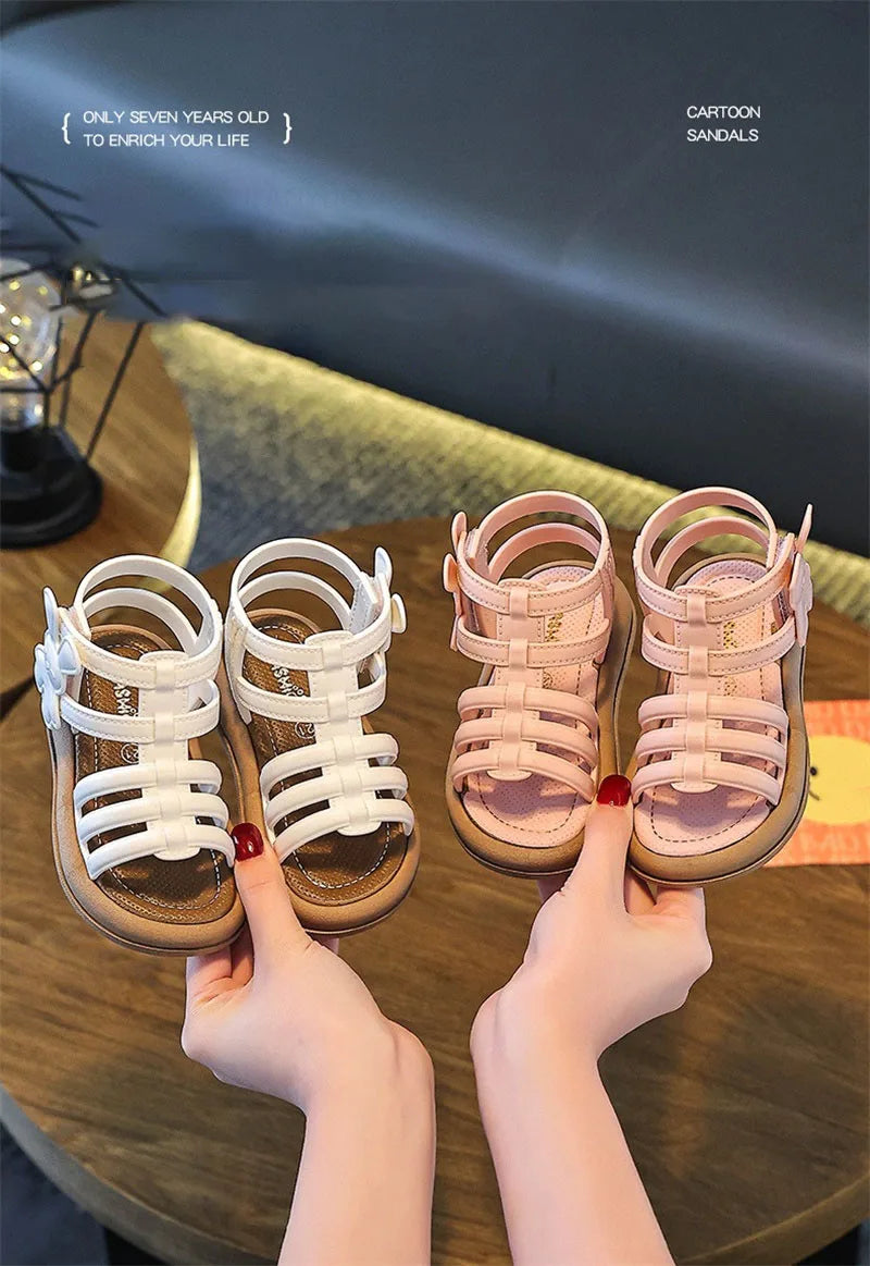 2025 New Children Sandals Girls Kids Roman Sandal Summer Soft Flat Heels High-top Beach Princess Fashion Cartoon Shoes Side Zip