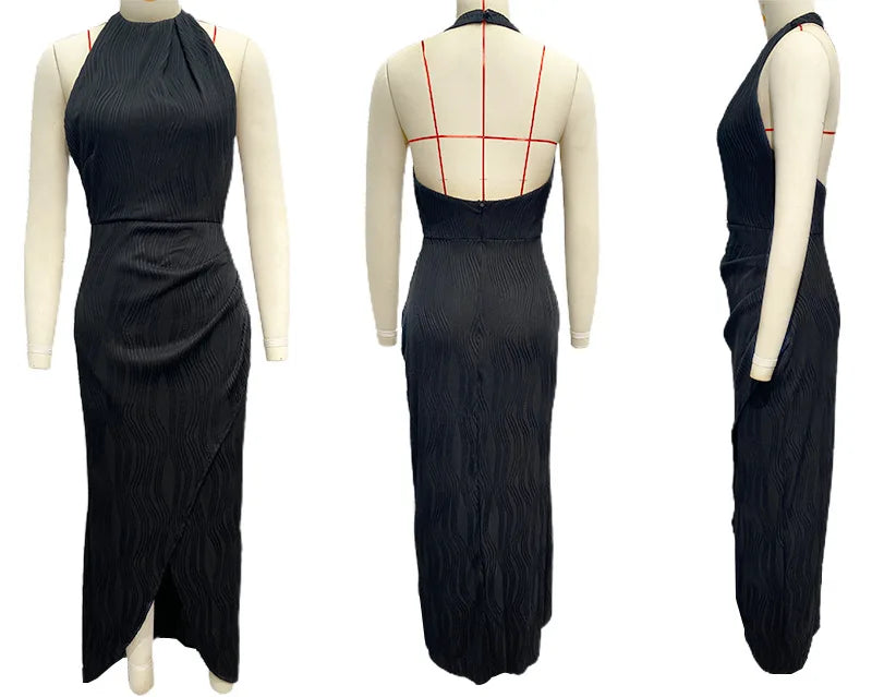 Women's Solid Color Dress Elegant High Waist Halter Backless Long Dress Sexy Slim Fit High Slit Evening Gown Dress 2024 New