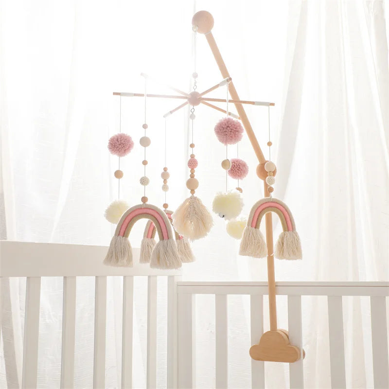 Baby Rattle Wooden Crib Mobile Bed Bell Toys Soft Felt Forest Animal Doll Toy Kid Stroller Comfort Crib Hanging Bracket Toy Gift