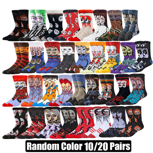 10/20Pairs random color Cartoon Anime Socks for Men Women Chucky Hip Hop Street Fashion Novelty Funny Casual Crew Socks