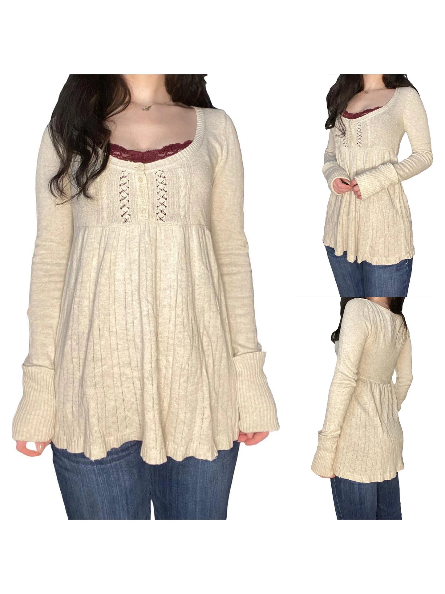 Elegant Women s Fall Knitwear Stylish Long Sleeve Tunic Sweater with Button Detail and Square Neckline