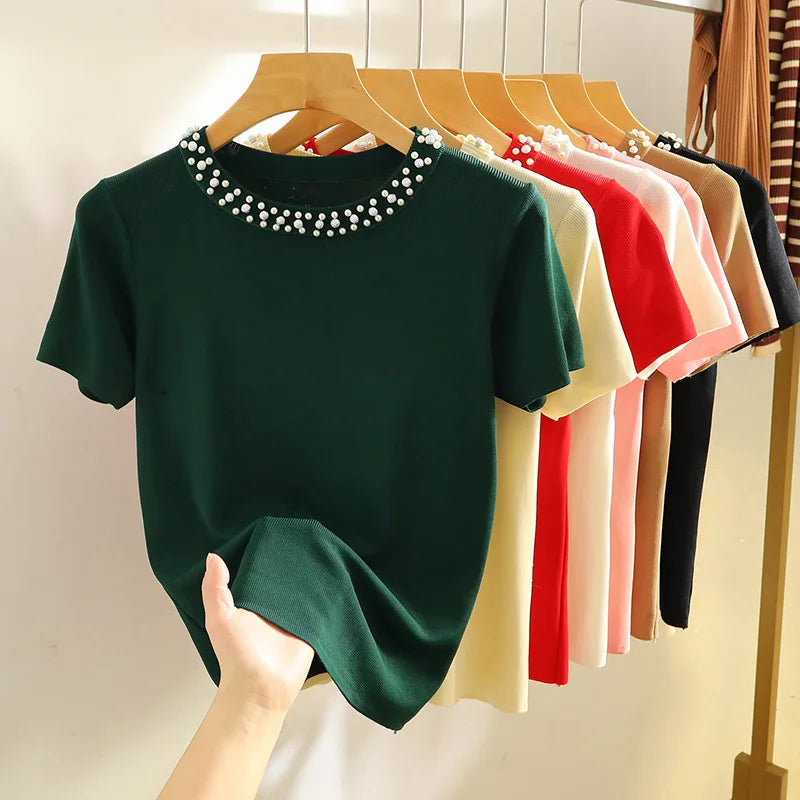 1pcs Summer Women Bead Ice Silk Knit T-Shirt Lady Short-Sleeve Round-Neck tShirt Female Pullover Tee Girl Fashion Commuting Tops