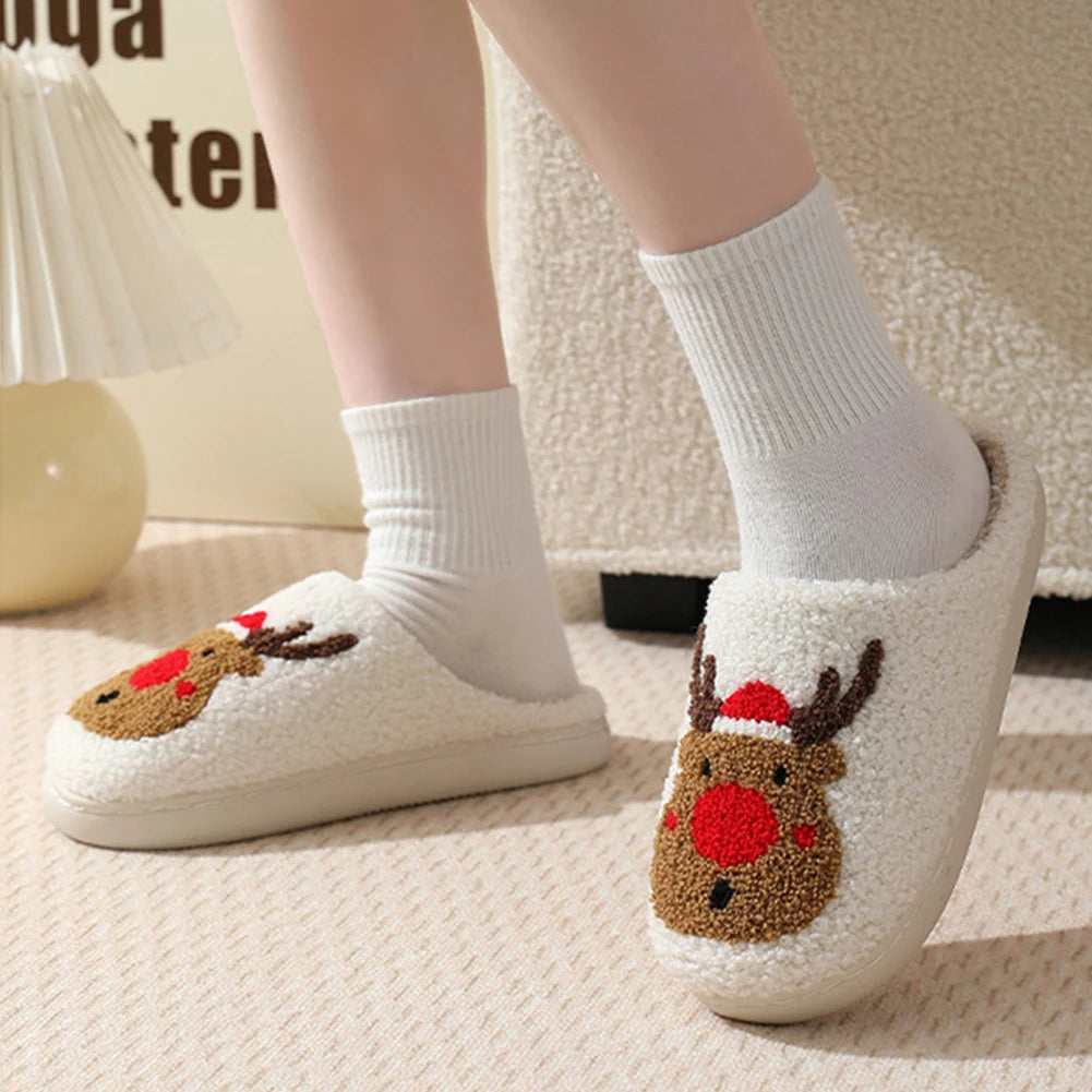 Christmas Deer Slippers Winter Platform Shoes Anti Slip Women Men Slip-On Comfy House Slippers Plush Warm Slipper for Winter