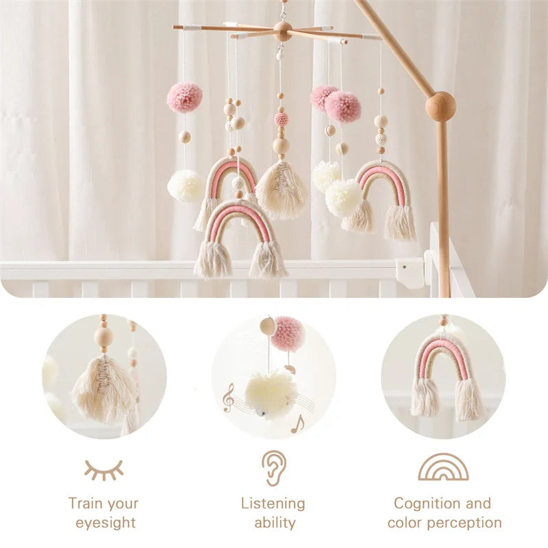 Baby Rattle Wooden Crib Mobile Bed Bell Toys Soft Felt Forest Animal Doll Toy Kid Stroller Comfort Crib Hanging Bracket Toy Gift