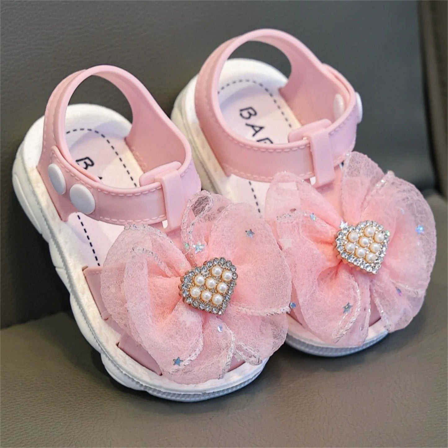 Toddler Girl Sparkle Glitter Bowknot Sandals with Rhinestone Pearl Heart Detail Soft Sole Non-Slip Closed Toe Walking Shoes
