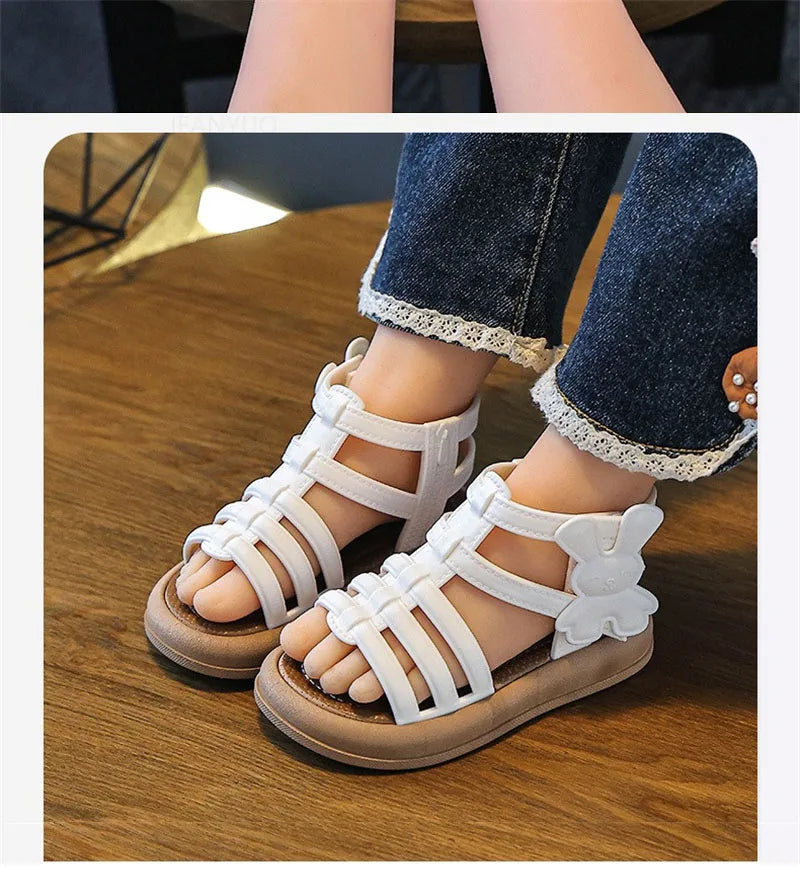 2025 New Children Sandals Girls Kids Roman Sandal Summer Soft Flat Heels High-top Beach Princess Fashion Cartoon Shoes Side Zip