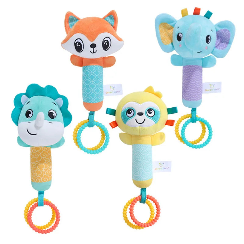 Baby Rattles Toys Soft Hand Crank Cartoon Animal with BB Call Voice Plush Toys Squeaky Sensory Travel Accessories for Toddler