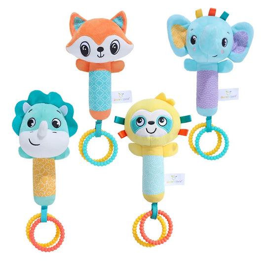 Baby Rattles Toys Soft Hand Crank Cartoon Animal with BB Call Voice Plush Toys Squeaky Sensory Travel Accessories for Toddler