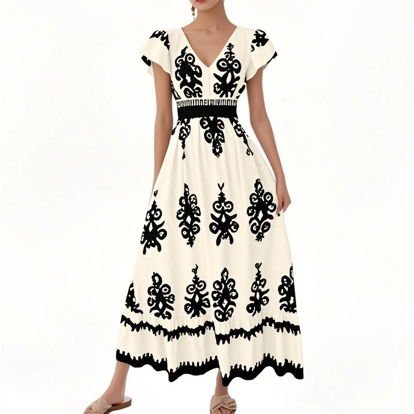 Fashion Sleeveless Maxi Boho Dress Women 2025 Summer Print Waist Bohemian Elegant Short Sleeve Dresses For Women Robe Femme