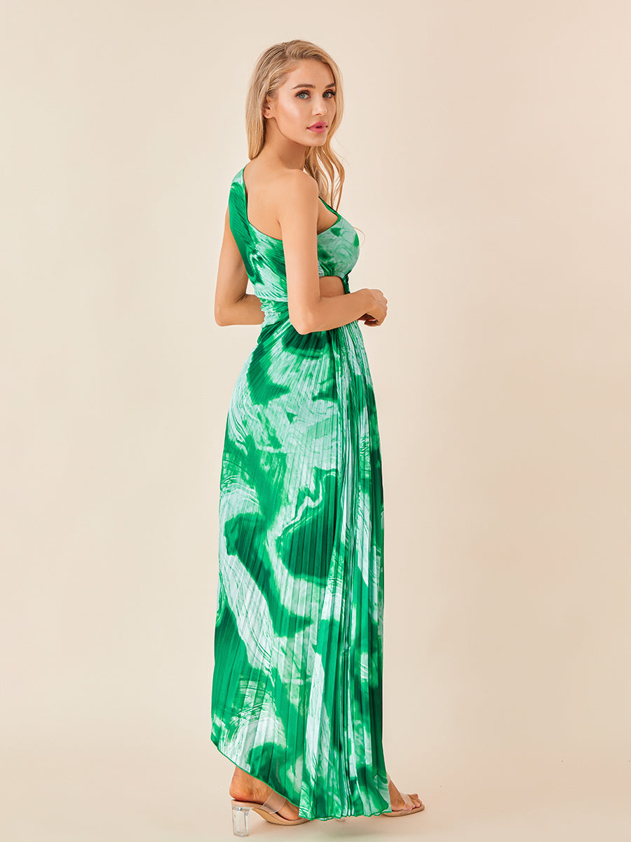 Women Long Dress Sleeveless One-shoulder Pleated Hollowed Tie-dye Print Summer Swing Dress Vacation Dress