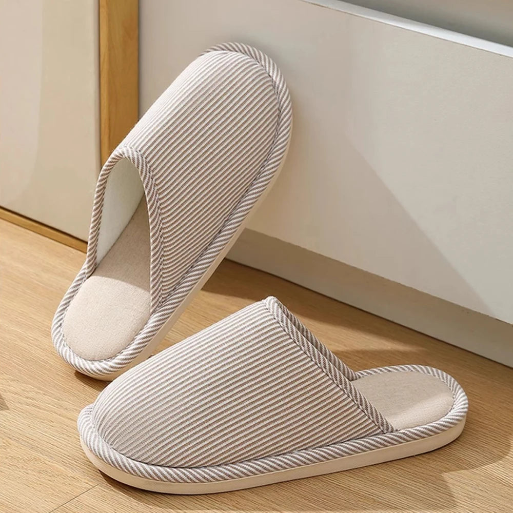 ZHIDA Spring and Autumn Cotton Slippers Indoor Slippers Warm Plush Home Shoes Linen Non-slip Mute Flats Couple House Slides