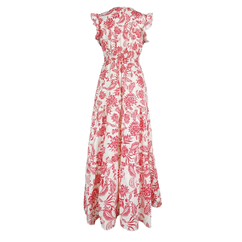 Fashion Floral Skirt for Famale Casual V-neck Sleeveless Ruffles Tighten The Waist Slimming Elegant Bohemian Floral Womens Dress