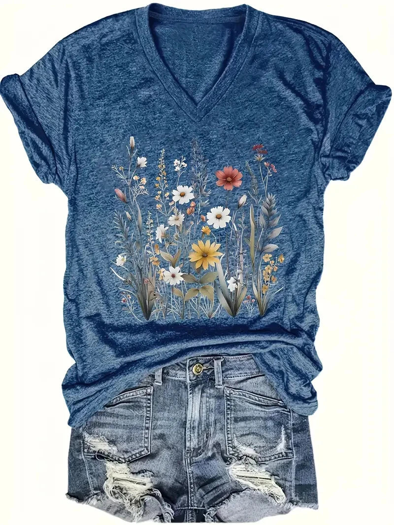 Summer Outdoor Women's T-Shirt Casual V-Neck Short Sleeve Tops Floral Butterfly Print Street Fashion Female Oversize Clothing